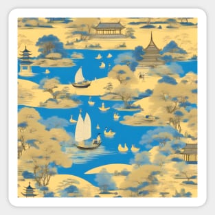 Blue and yellow chinoiserie landscape Sticker